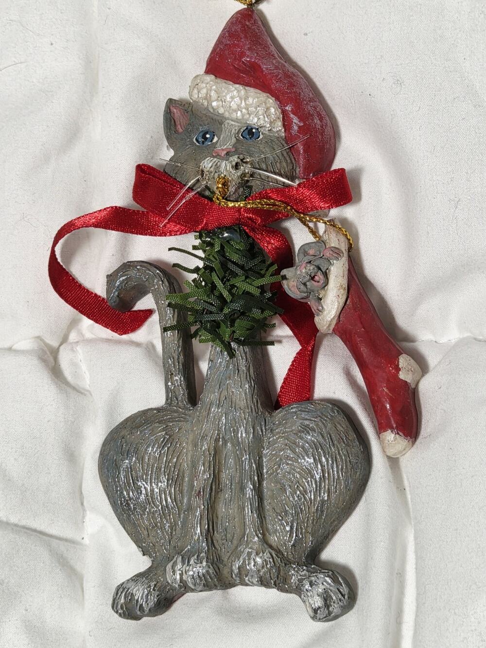 Kurt Adler Christmas Ornament Cat Holding MouseDangle Resin Gray Vtg 90's Holida